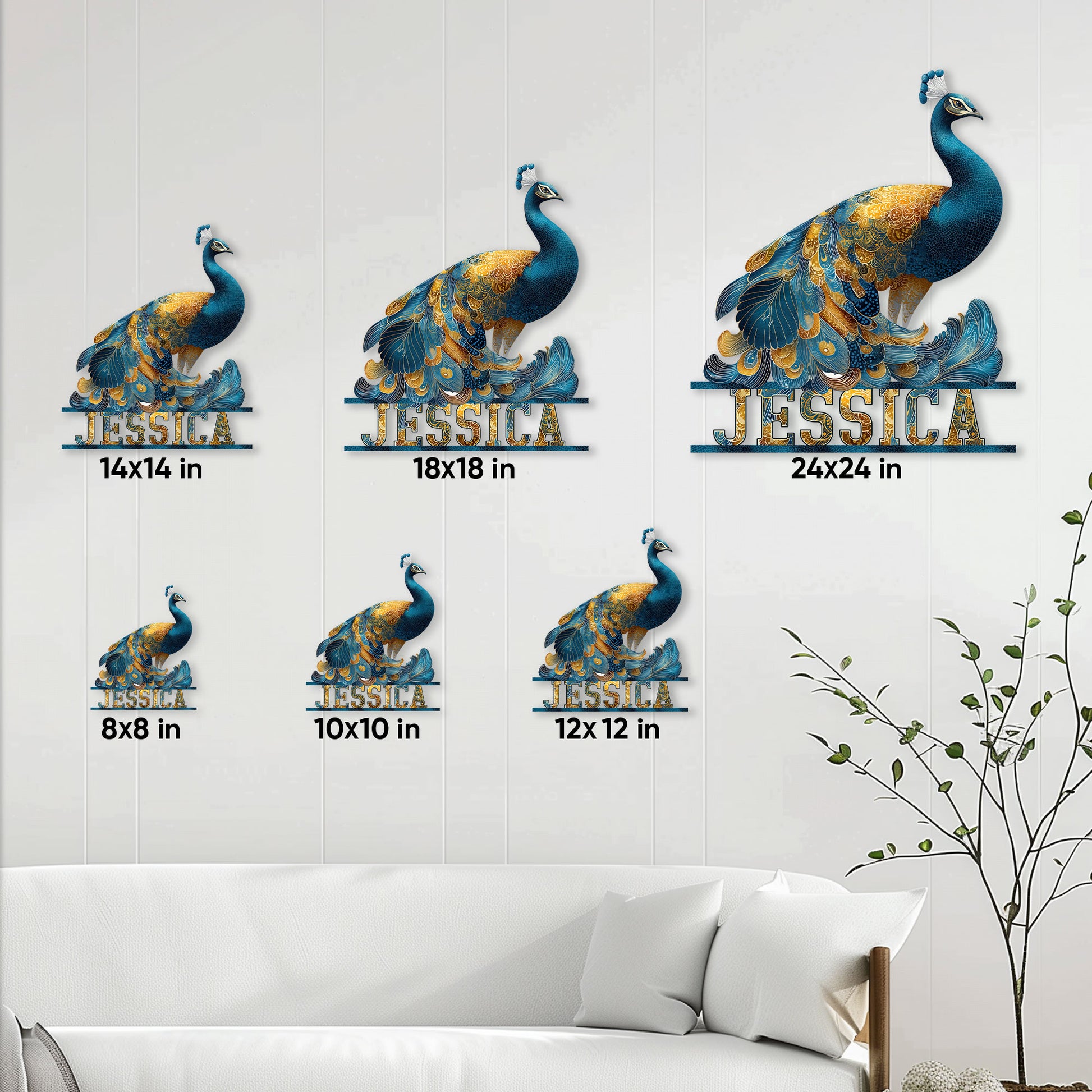 Peacock metal sign size guide displaying six available square sizes from 8x8 to 24x24 inches