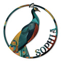 Colorful peacock metal sign with an ornate circular frame and vibrant teal, gold, and orange feather details
