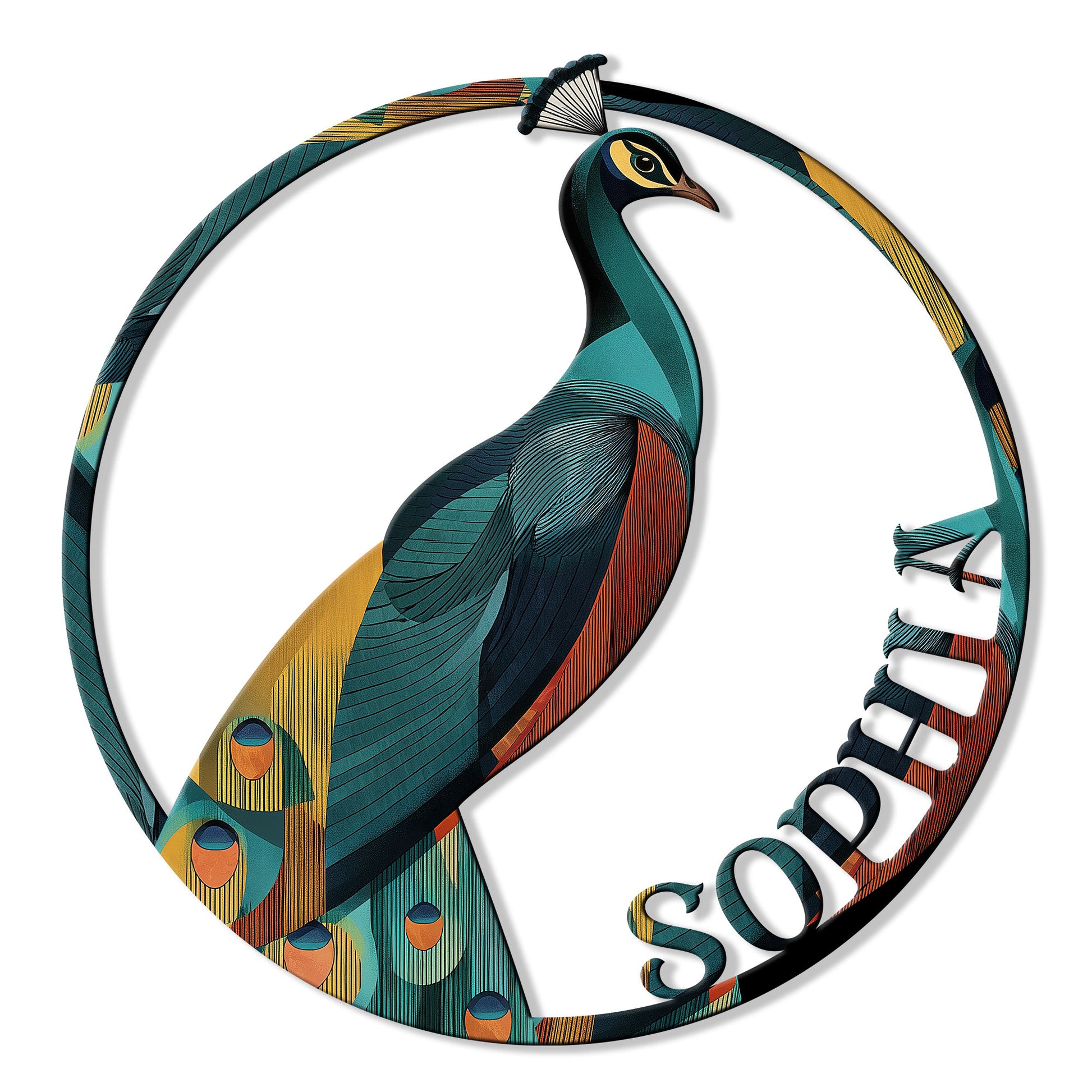 Colorful peacock metal sign with an ornate circular frame and vibrant teal, gold, and orange feather details