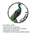 Peacock cut metal sign shown with a product feature infographic for indoor or outdoor wall display