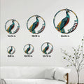 Peacock metal wall sign shown in multiple size options from 8 by 8 inches to 24 by 24 inches