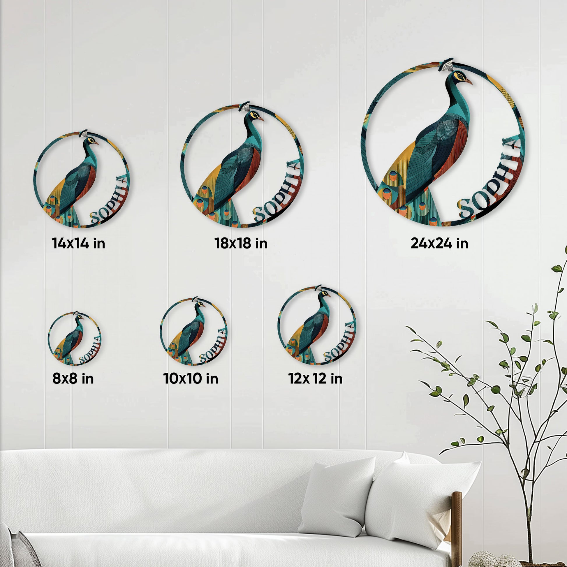 Peacock metal wall sign shown in multiple size options from 8 by 8 inches to 24 by 24 inches