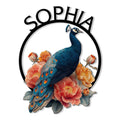 Decorative peacock metal sign featuring a colorful blue peacock surrounded by coral and orange flowers