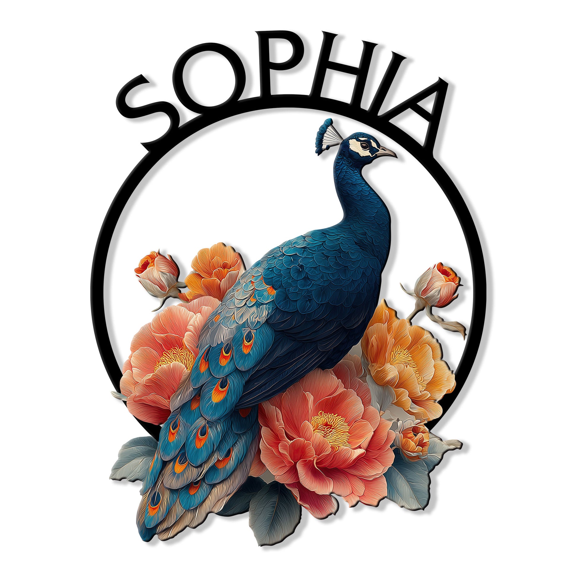 Decorative peacock metal sign featuring a colorful blue peacock surrounded by coral and orange flowers