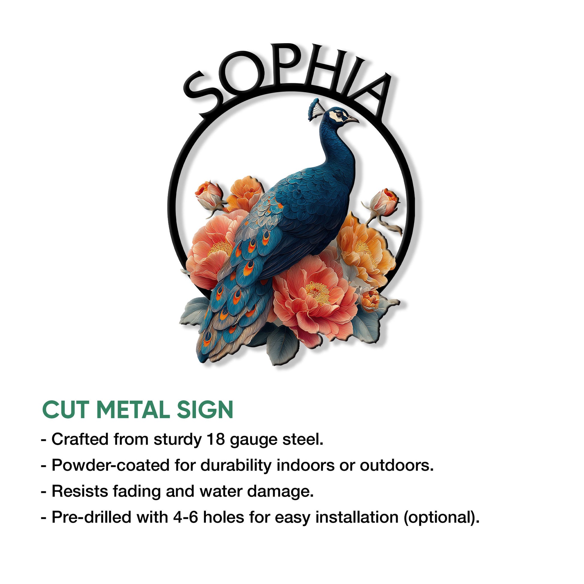 Peacock metal sign product graphic showing the floral bird design and cut metal sign presentation