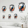Peacock metal sign size guide showing six available square sizes from 8 by 8 to 24 by 24 inches