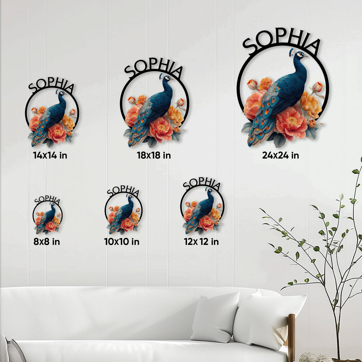 Peacock metal sign size guide showing six available square sizes from 8 by 8 to 24 by 24 inches