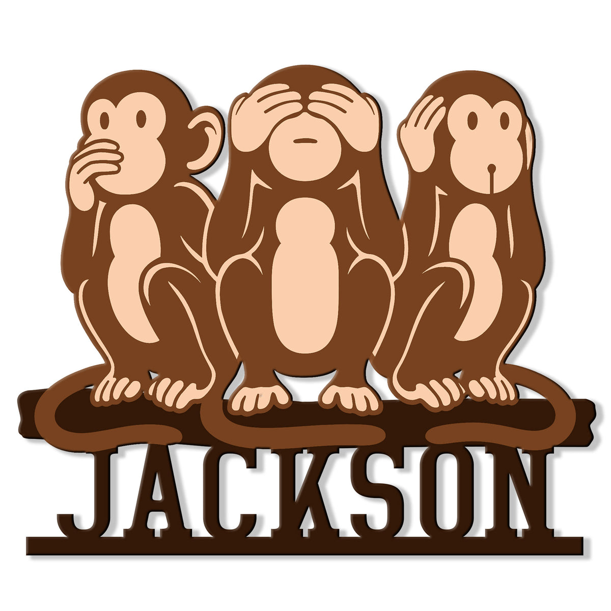 Three wise monkeys metal sign featuring see-no-evil, hear-no-evil, and speak-no-evil poses