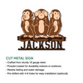 Three wise monkeys metal sign shown as a cutout wall decor design with a bold silhouette