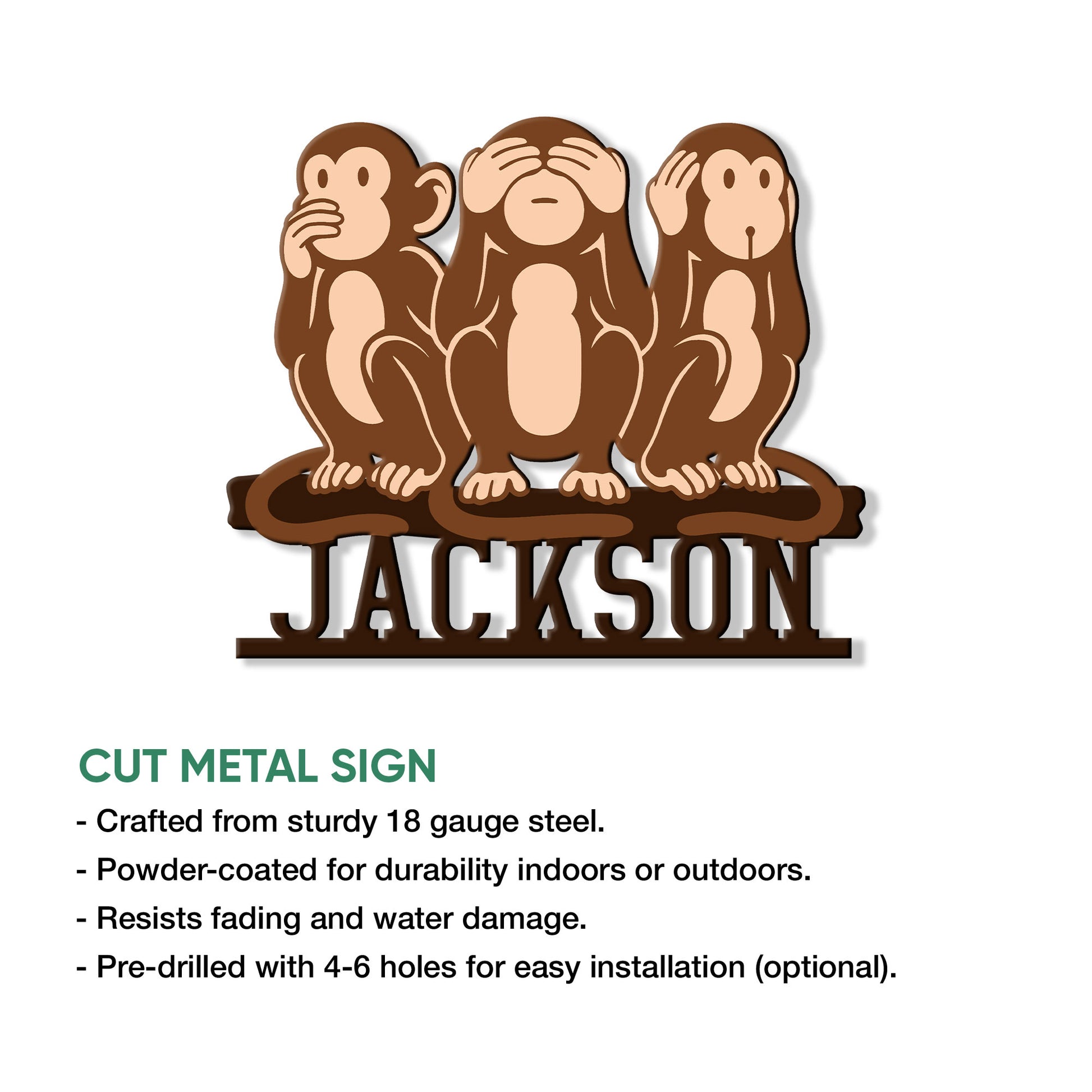 Three wise monkeys metal sign shown as a cutout wall decor design with a bold silhouette