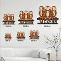 Three wise monkeys metal sign size guide showing six available size options in a room setting