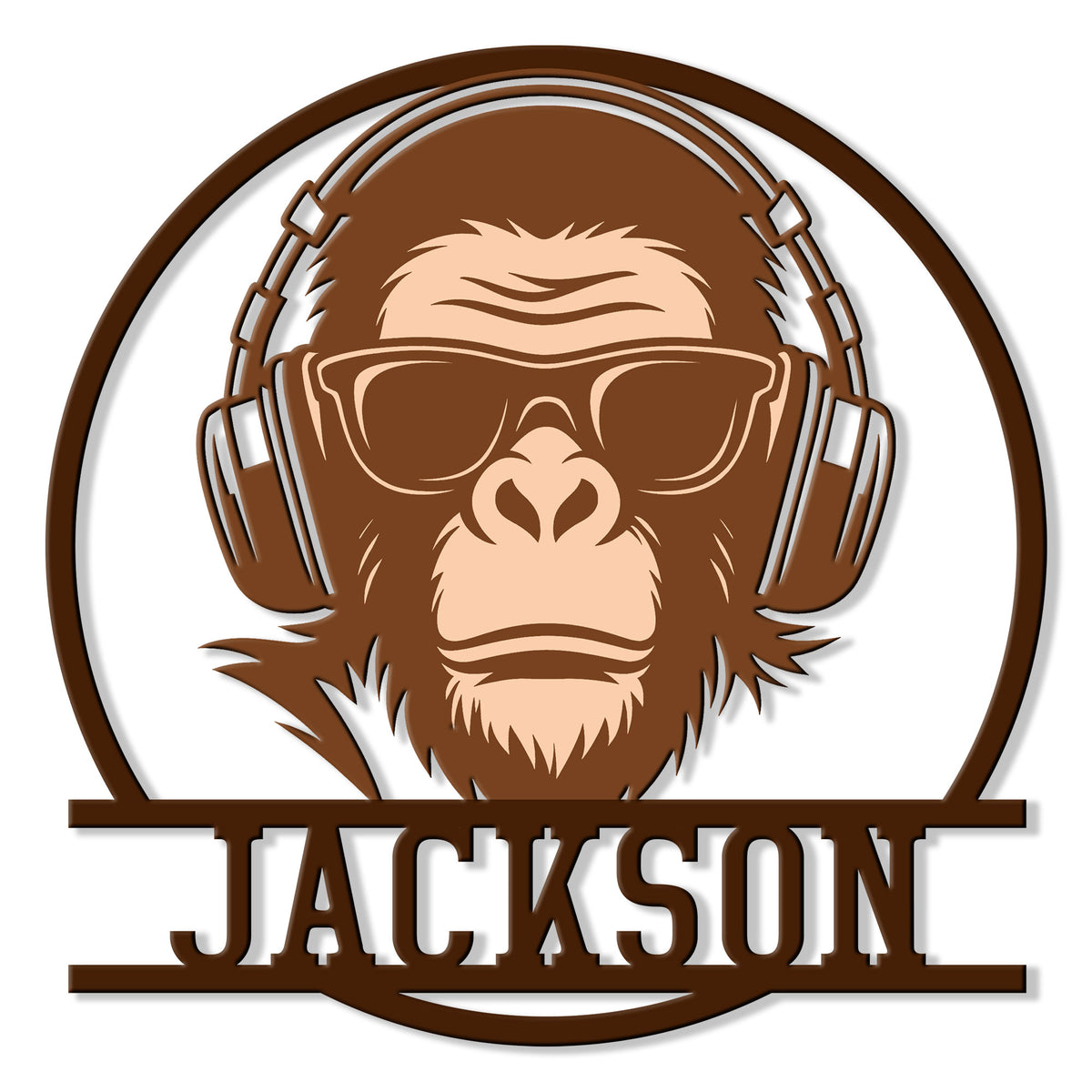 Stylized monkey wearing headphones and sunglasses in a circular custom metal sign design