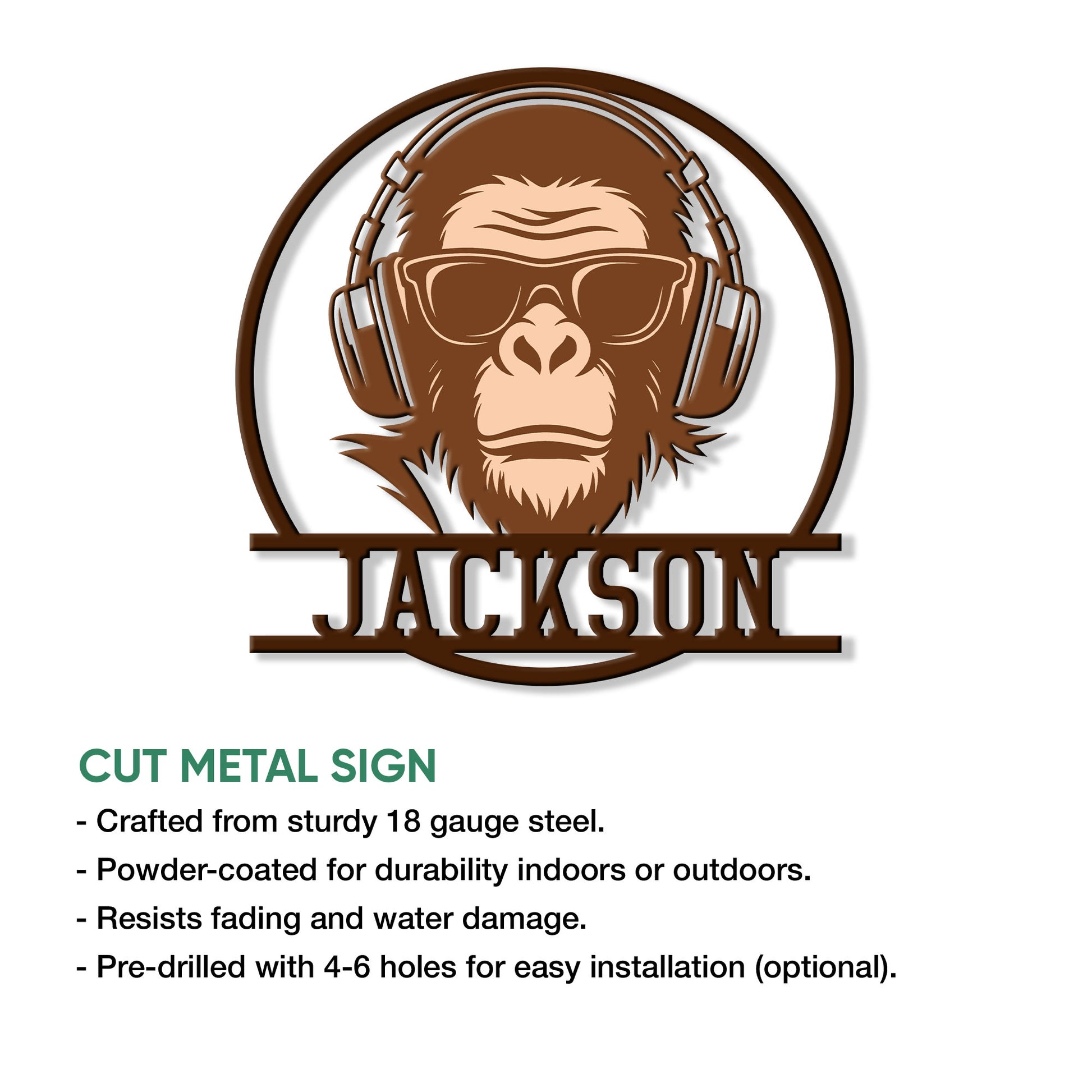 Monkey metal sign featuring a headphone-wearing, sunglasses-clad primate with bold wall decor styling
