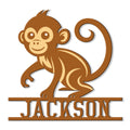 Playful brown monkey cut metal sign with a curled tail and decorative horizontal base