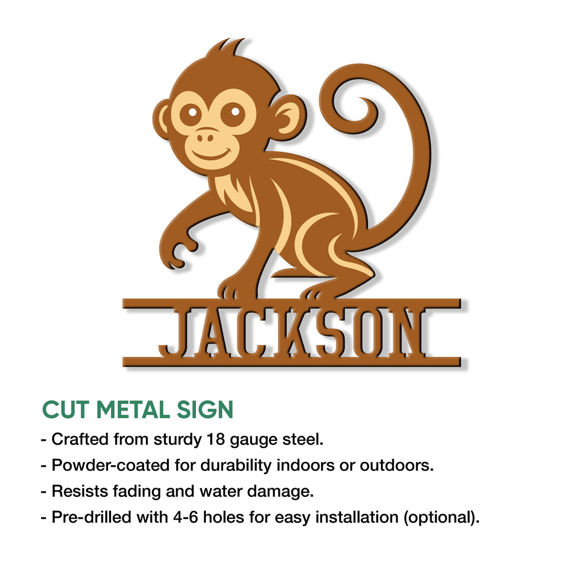 Detailed cut metal monkey sign showing a cheerful cartoon primate and sturdy decorative silhouette