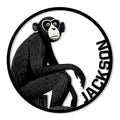 Black-and-white metal sign featuring a seated monkey in a circular silhouette design