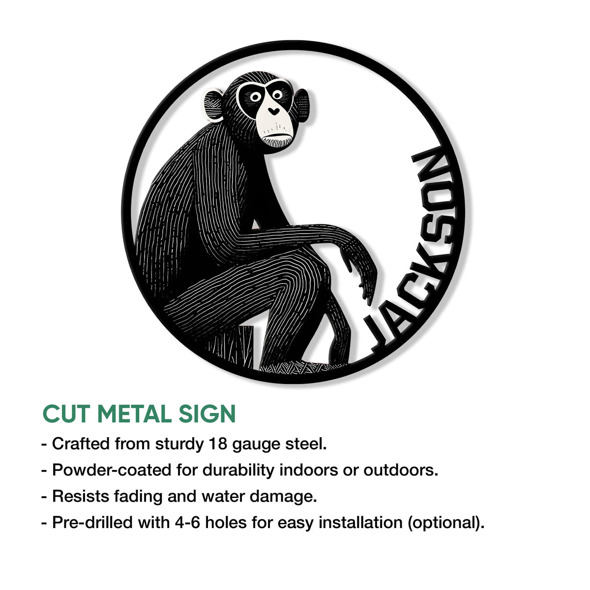 Seated monkey cut metal sign shown in a product feature graphic with a bold circular border