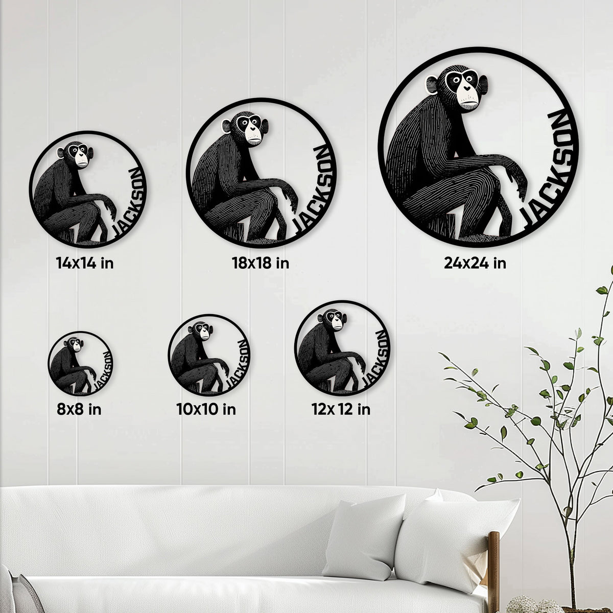 Monkey metal sign size guide showing circular options from 8 by 8 inches to 24 by 24 inches