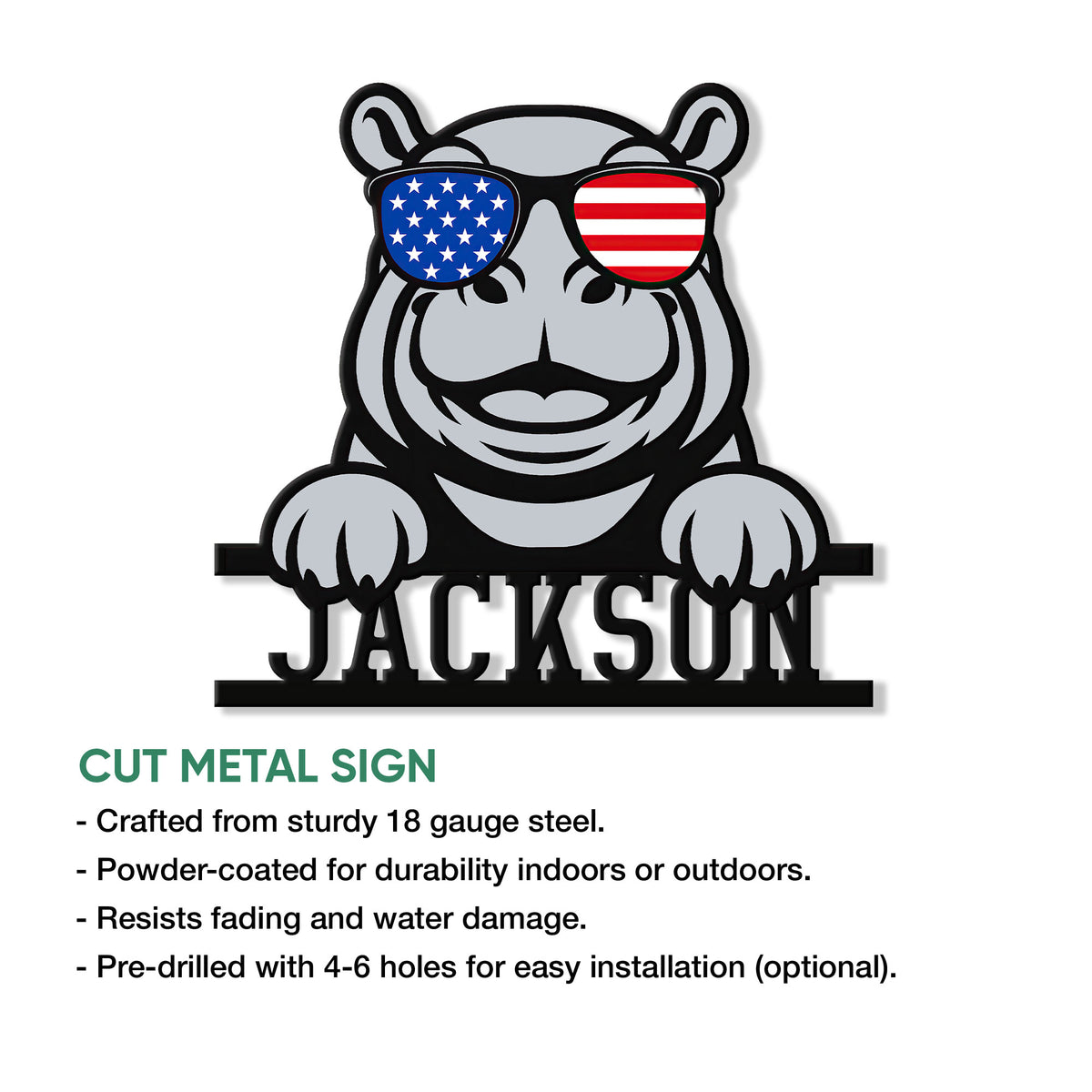 Patriotic hippo cut metal sign shown with American flag sunglasses and product feature details