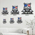 Patriotic hippo metal sign shown in multiple size options above a living room sofa