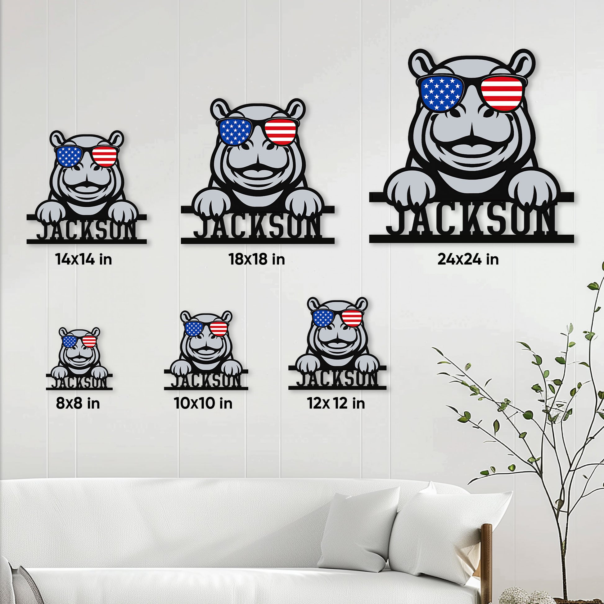 Patriotic hippo metal sign shown in multiple size options above a living room sofa