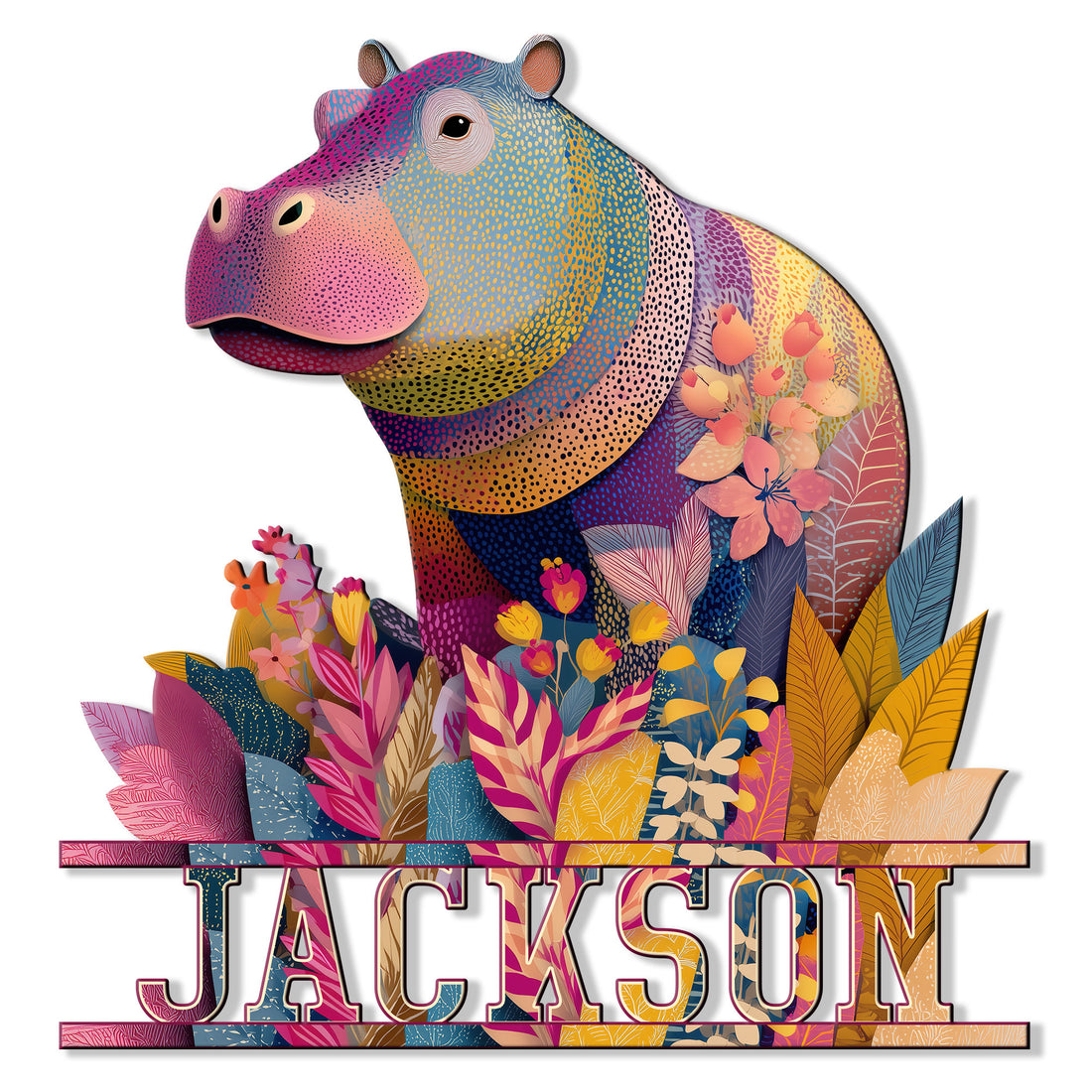 Colorful hippo metal sign surrounded by vibrant tropical flowers and patterned leaves