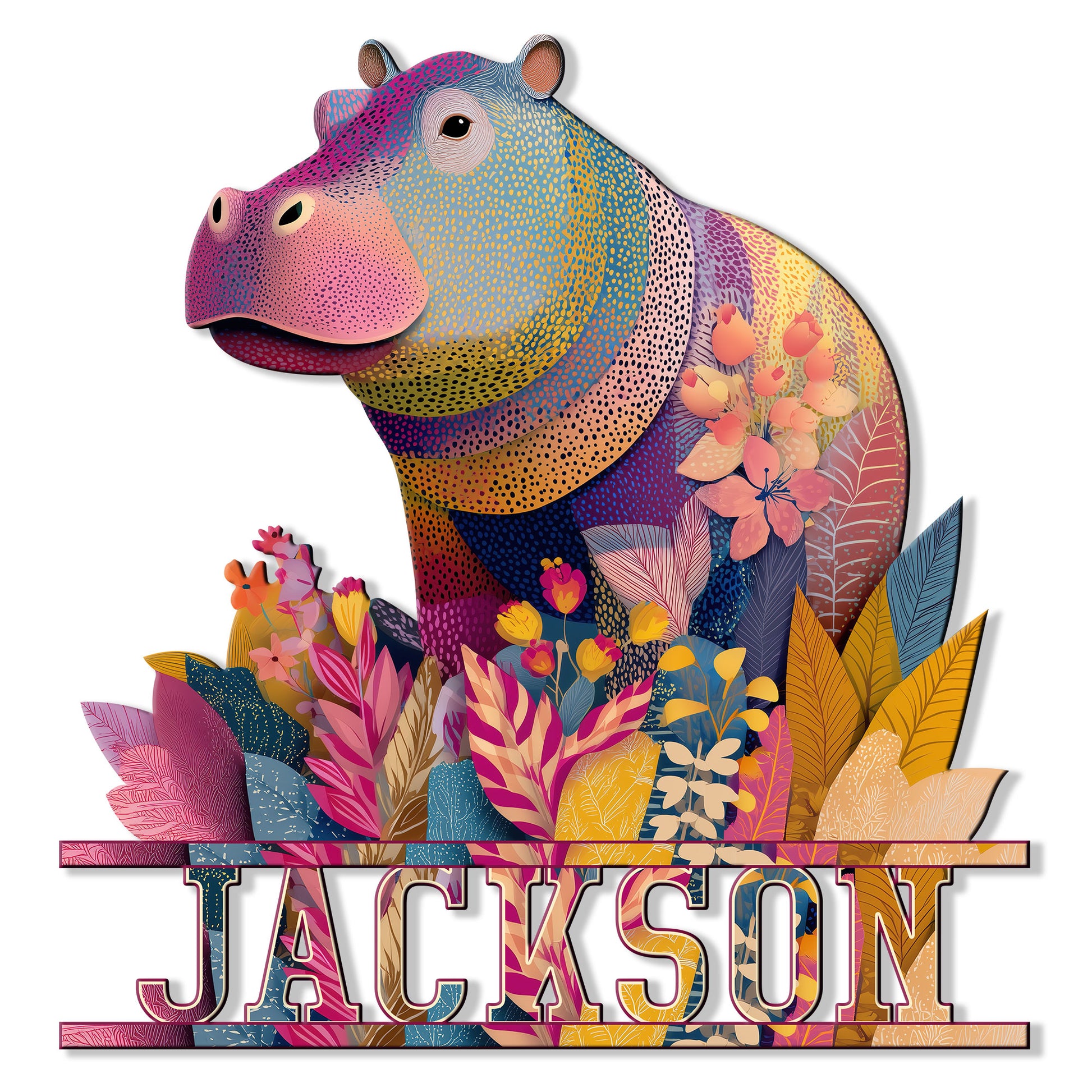 Colorful hippo metal sign surrounded by vibrant tropical flowers and patterned leaves
