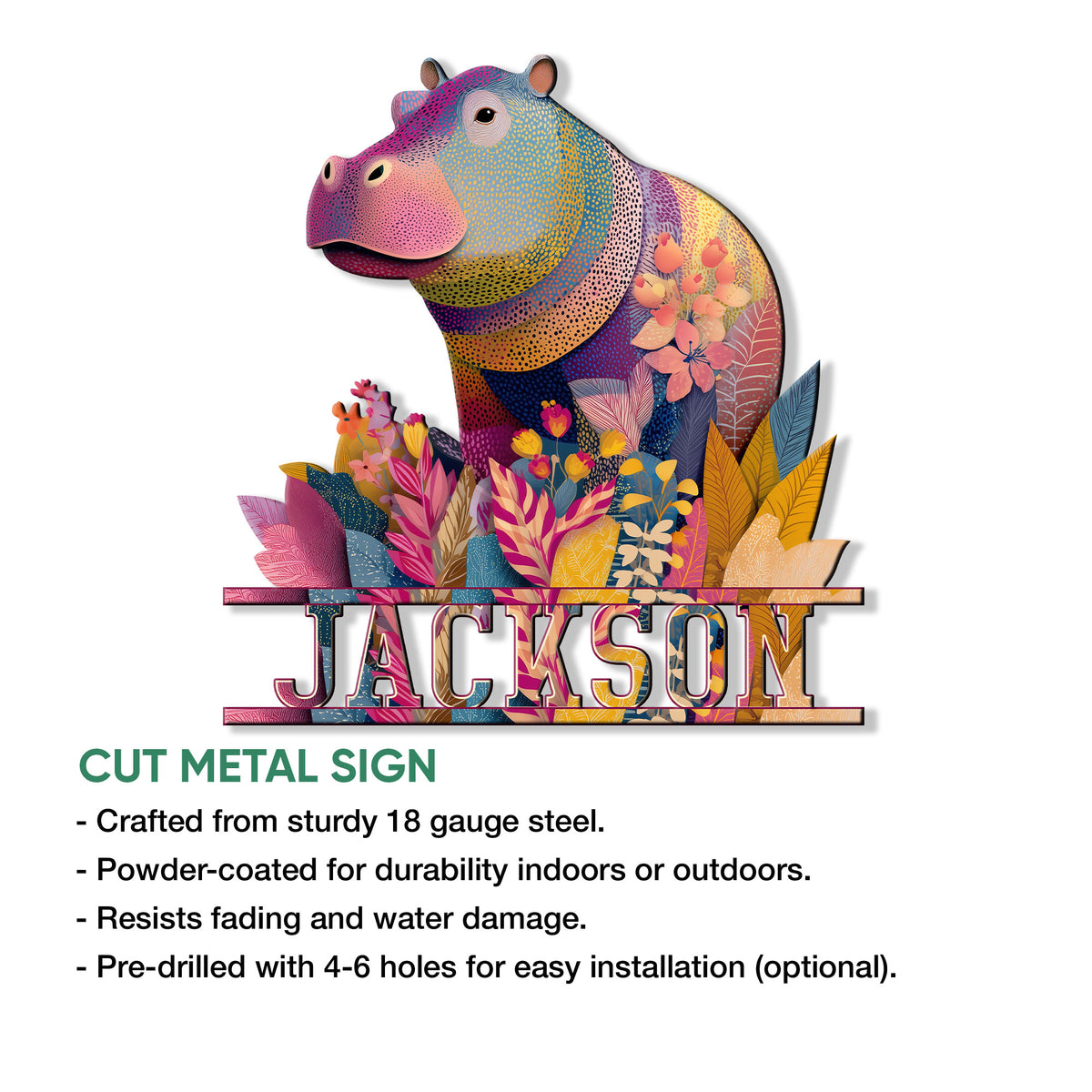 Colorful hippopotamus metal sign shown with product feature information