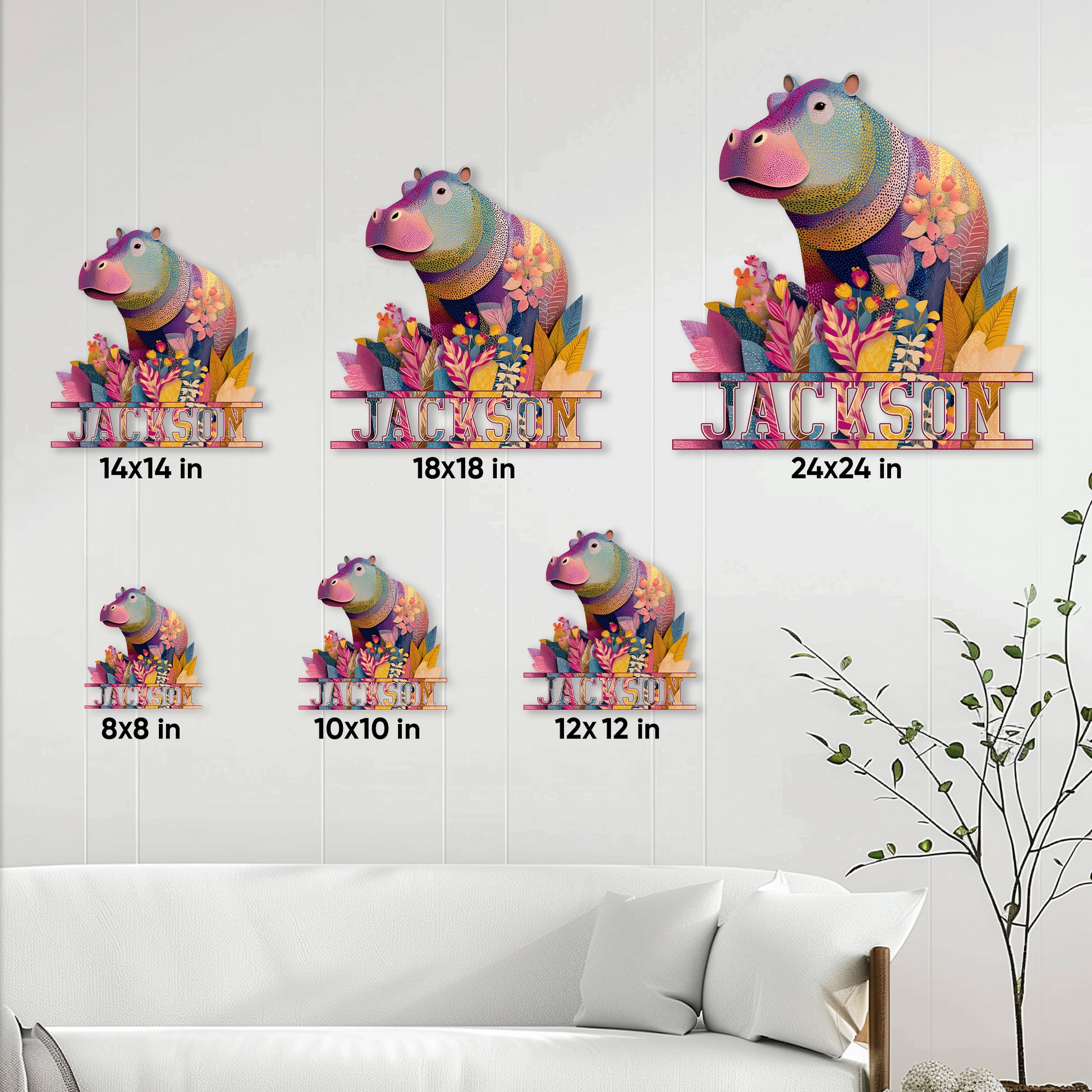 Hippo metal sign size guide showing six available square dimensions in a room setting
