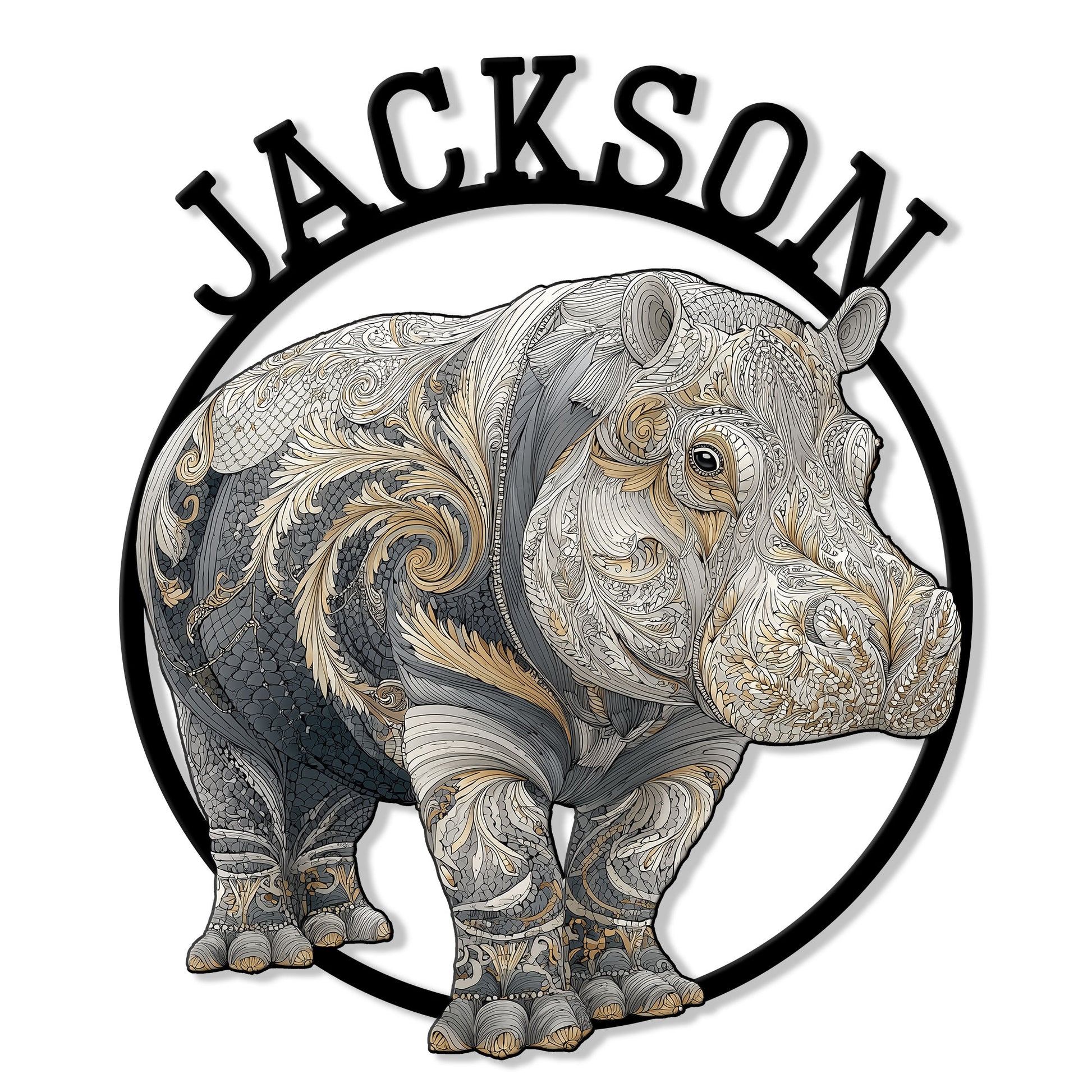 Ornate hippo metal sign featuring a detailed gray and gold wildlife illustration inside a bold circular frame
