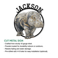 Hippo cut metal sign shown with an ornate wildlife design and feature details for indoor or outdoor display