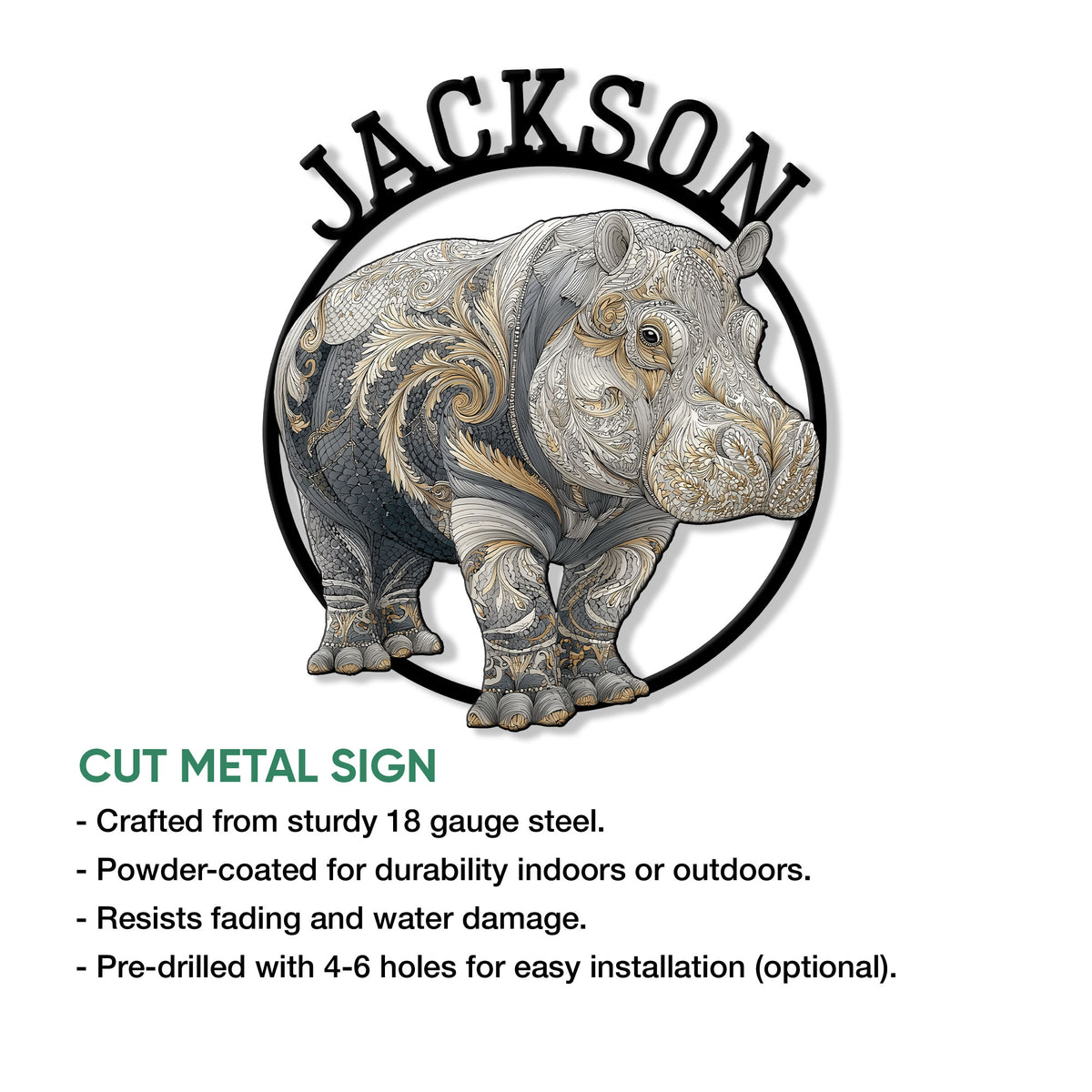 Hippo cut metal sign shown with an ornate wildlife design and feature details for indoor or outdoor display