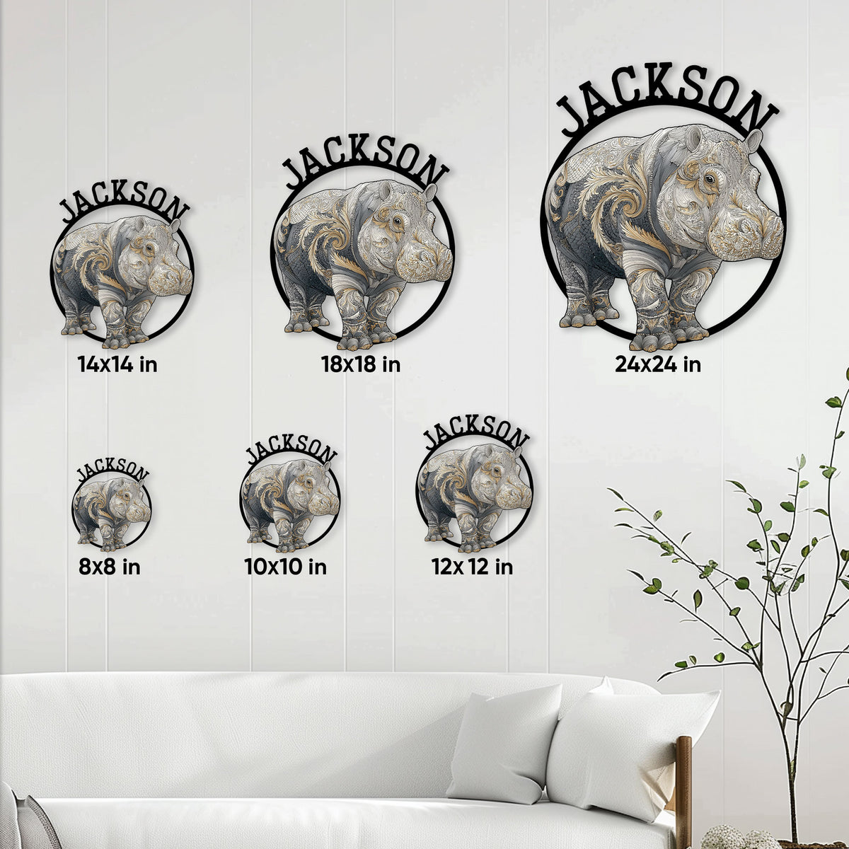 Hippo metal sign size guide showing several scale options displayed on a living room wall