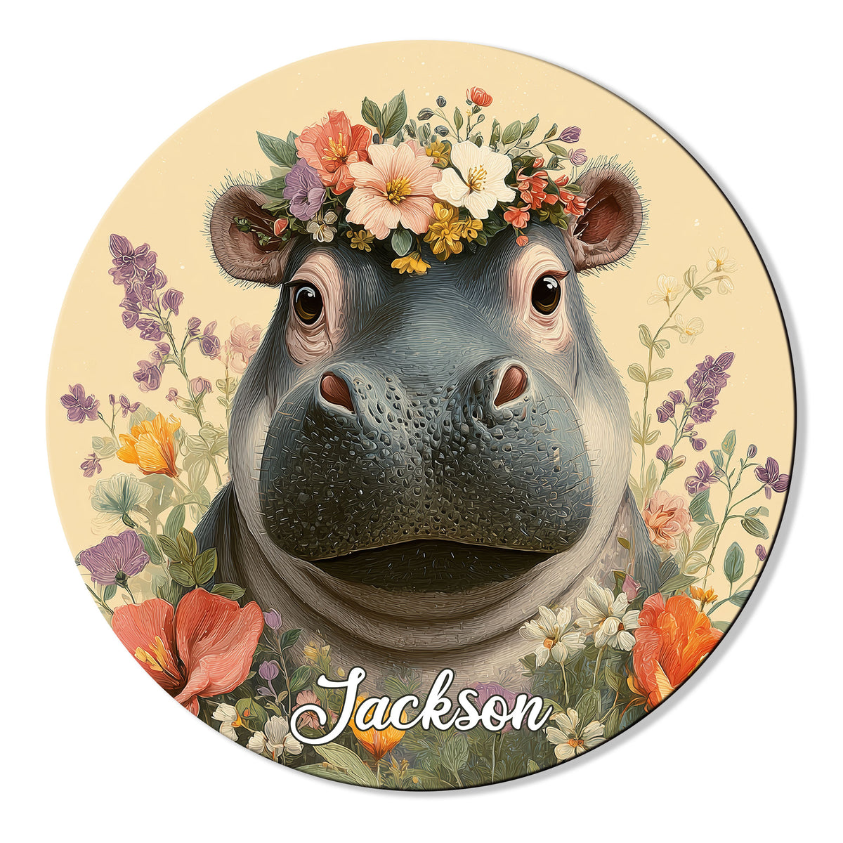 Custom hippo metal sign featuring a friendly floral-crowned hippopotamus portrait surrounded by colorful flowers