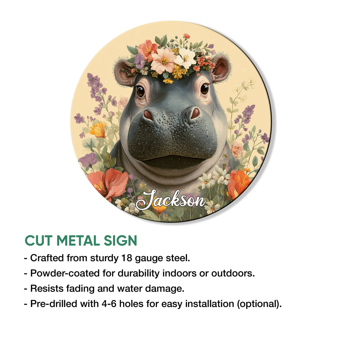 Floral hippo metal sign shown with product feature details and a round cut-metal design