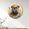 Round floral hippopotamus wall sign displayed on a light paneled wall above a console table