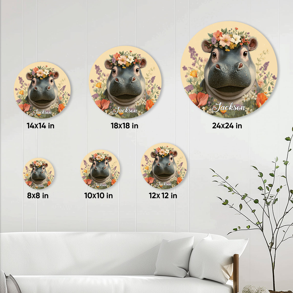 Hippo flower metal sign displayed in multiple sizes with an indoor wall decor scale guide