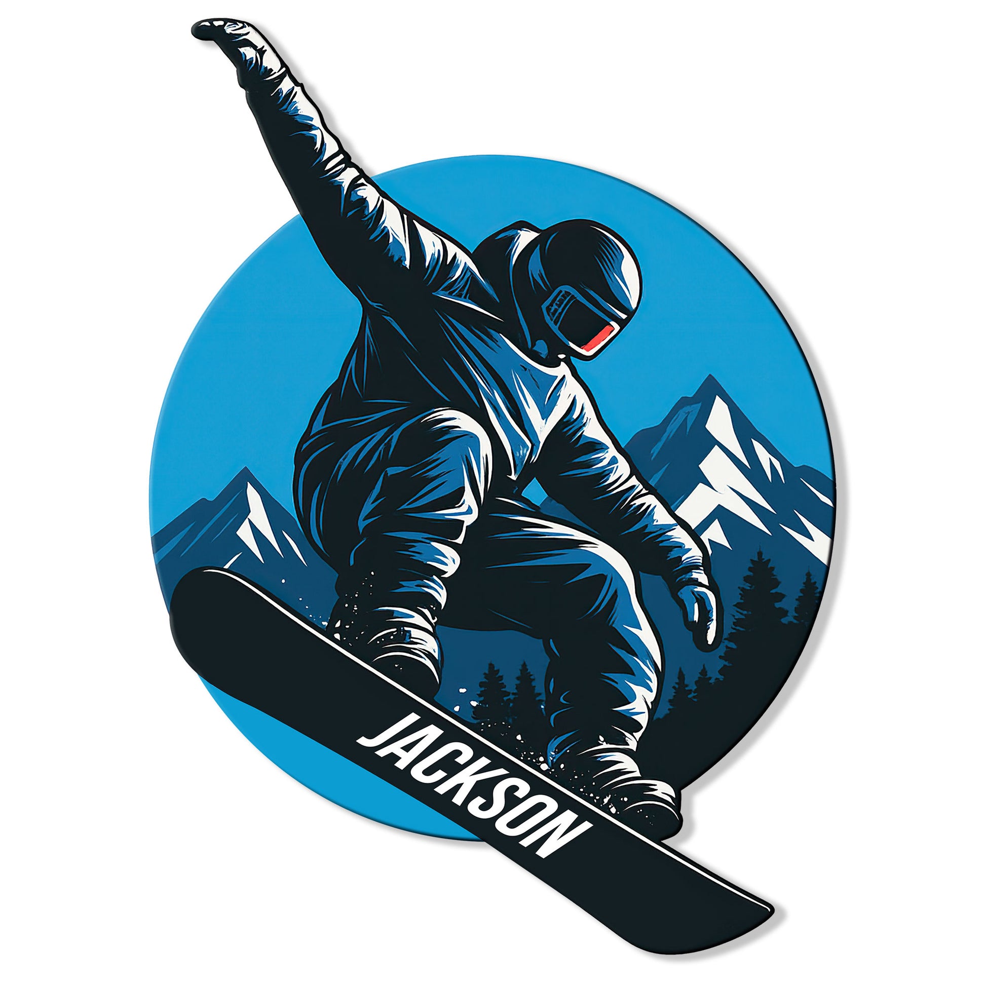 Snowboarding metal sign featuring an action snowboarder carving in front of snowy mountain peaks