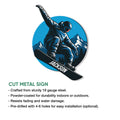Snowboarder metal sign shown with a product feature infographic for indoor or outdoor display