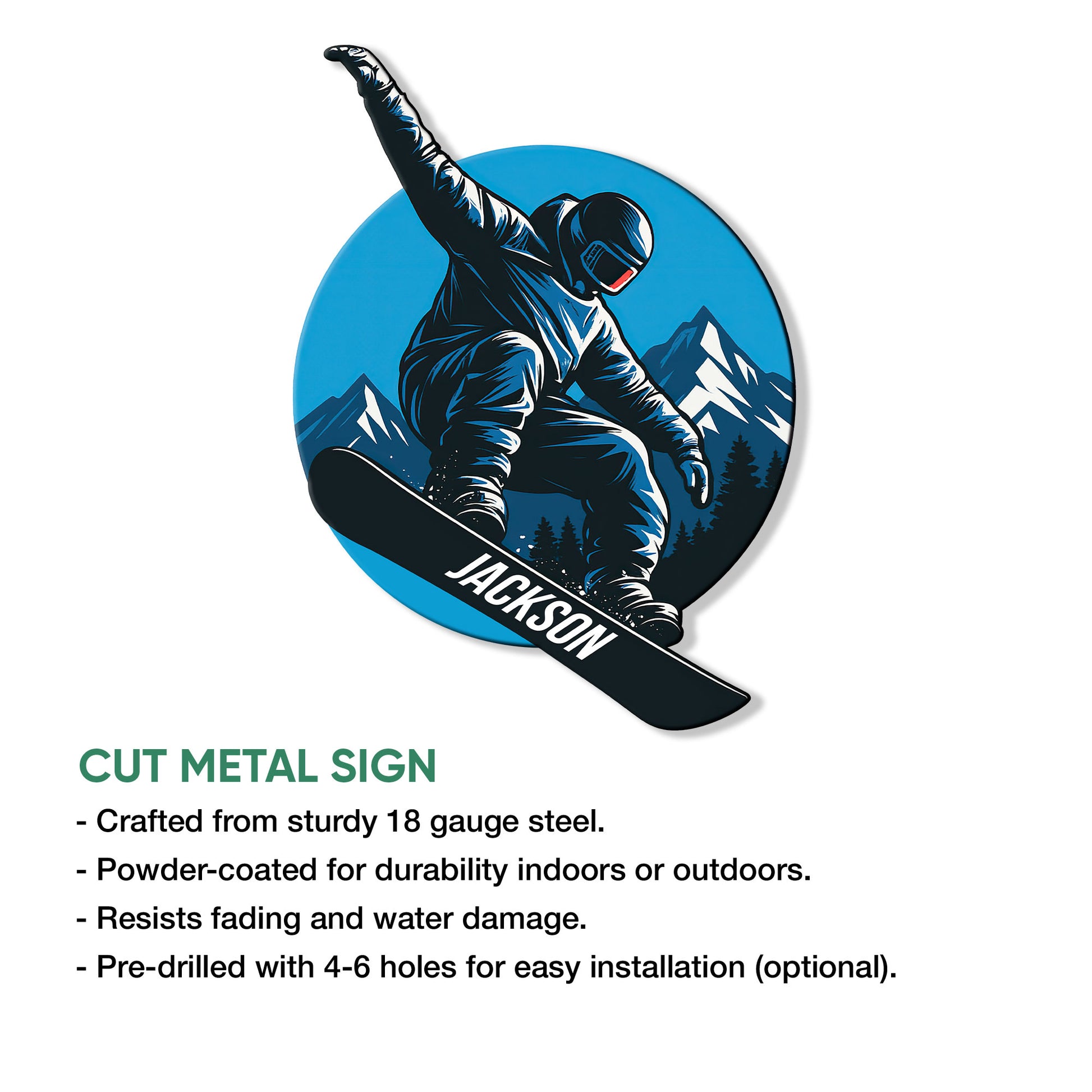 Snowboarder metal sign shown with a product feature infographic for indoor or outdoor display