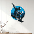 Snowboarding wall sign displayed on white paneling above a console table in a modern room