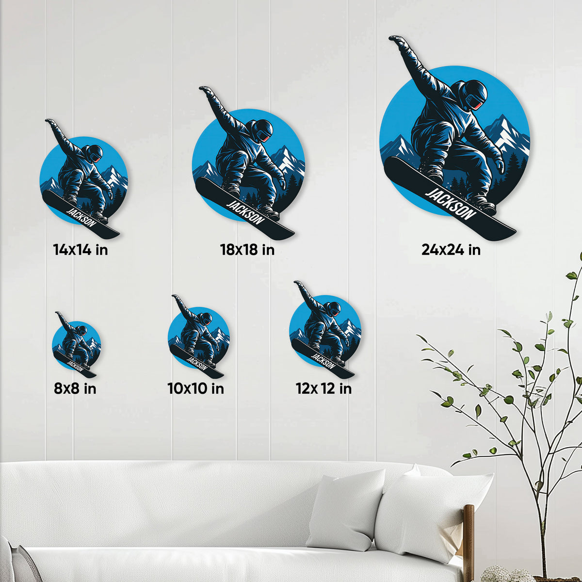 Snowboarding metal sign size guide showing available options from 8 by 8 to 24 by 24 inches