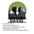 Hiking metal sign feature graphic showing the mountain family design and cutout silhouette presentation