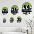 Hiking metal sign size guide showing the family mountain design in multiple square size options