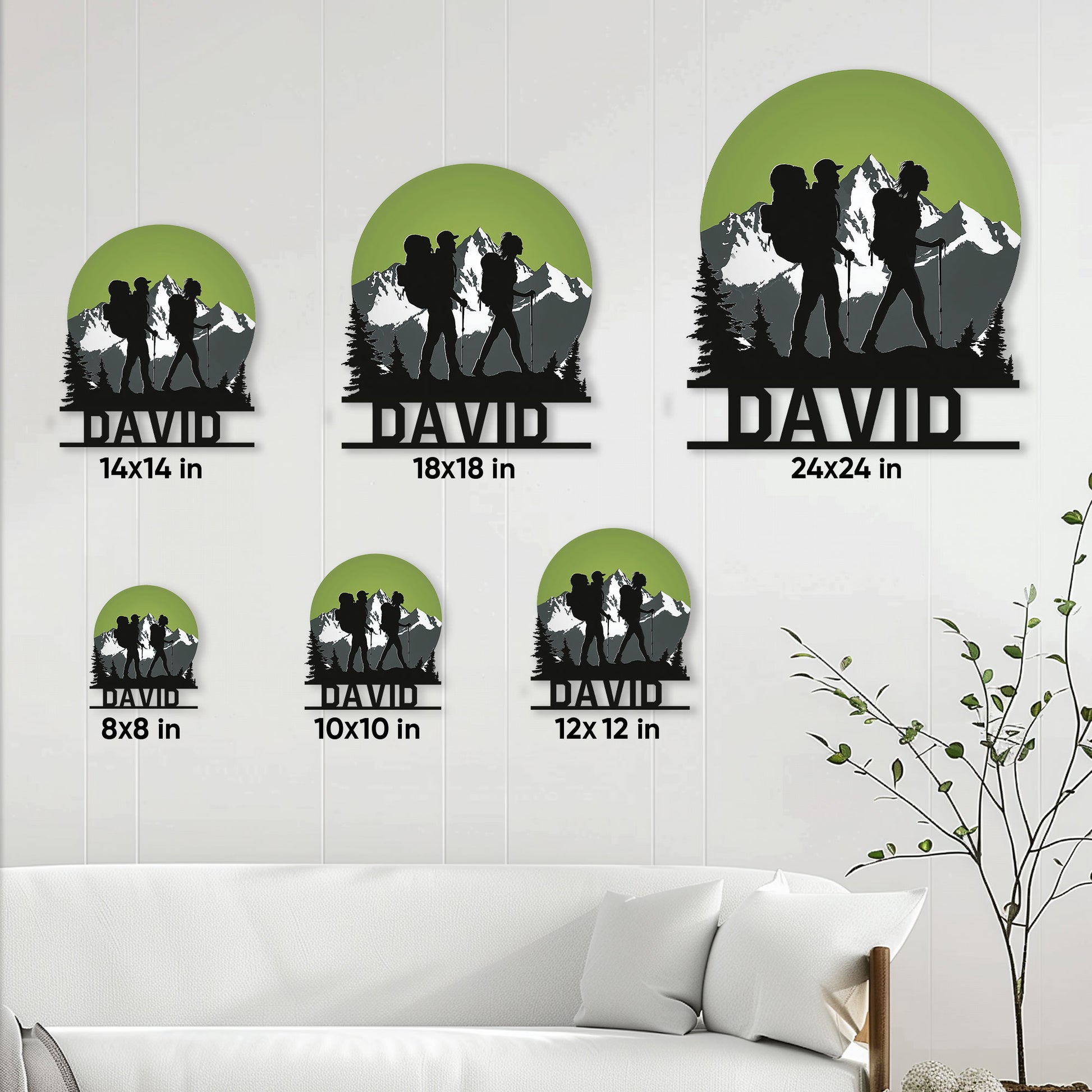 Hiking metal sign size guide showing the family mountain design in multiple square size options