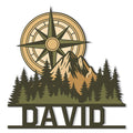 Custom hiking metal sign featuring a compass, mountain peaks, and layered evergreen forest artwork