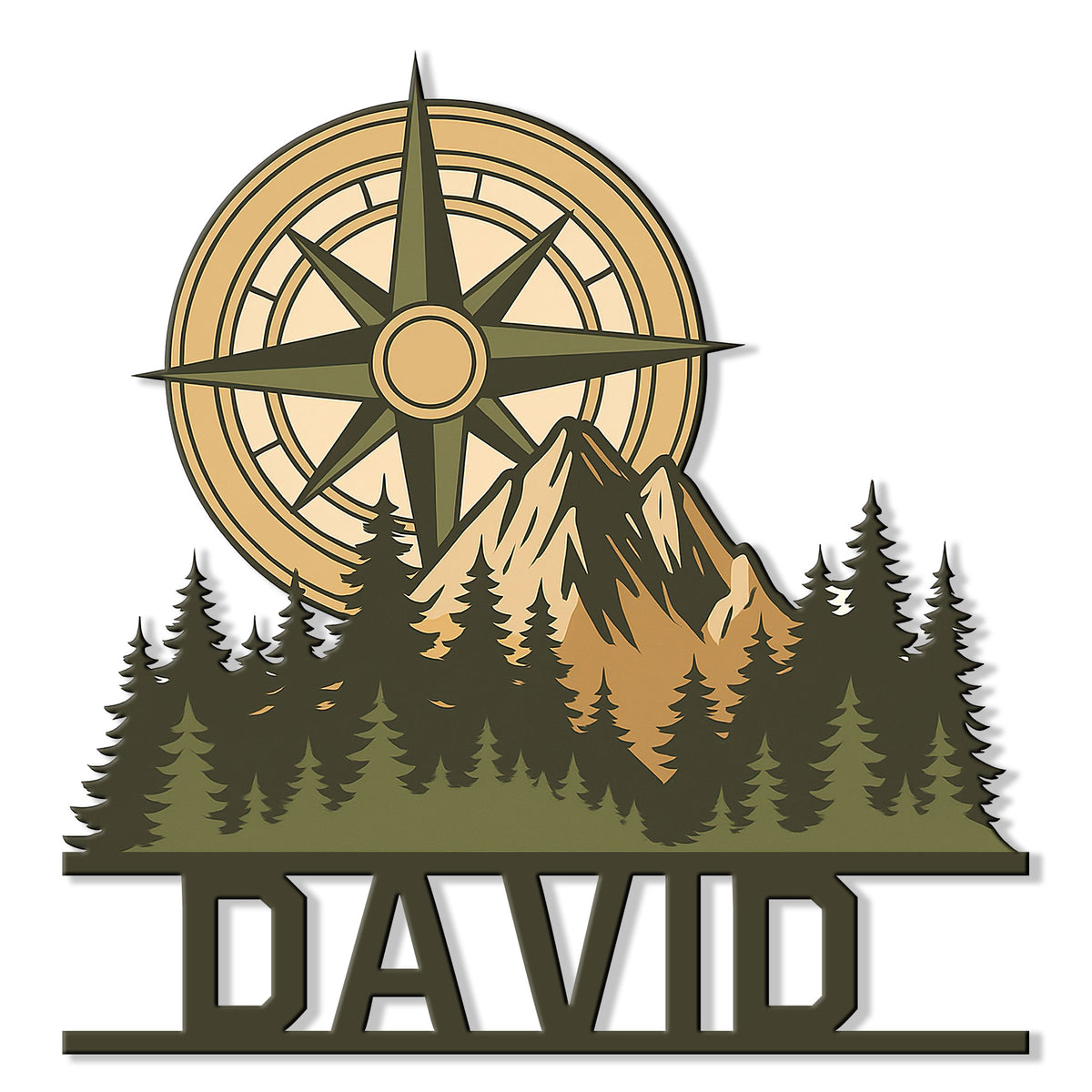 Custom hiking metal sign featuring a compass, mountain peaks, and layered evergreen forest artwork