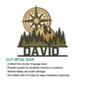 Hiking metal sign feature graphic showing compass and mountain artwork with indoor and outdoor display details