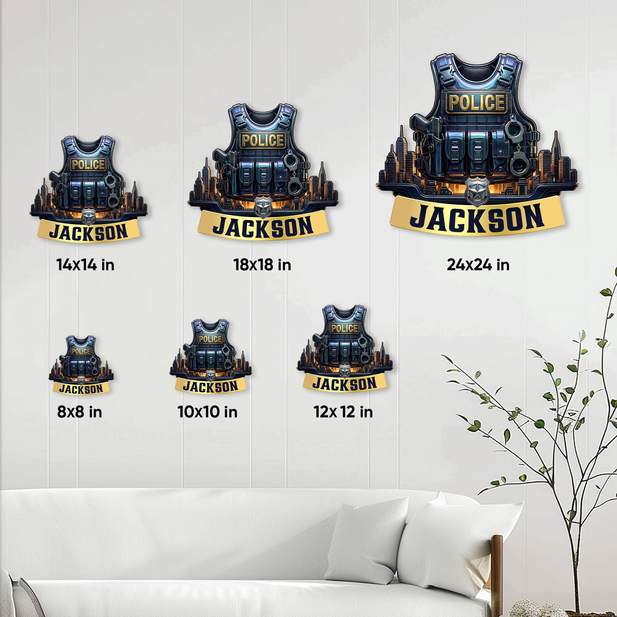 Police metal sign size guide displaying available square dimensions from 8x8 to 24x24 inches