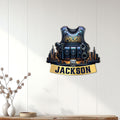 Police wall decor metal sign displayed on a light wood-paneled wall